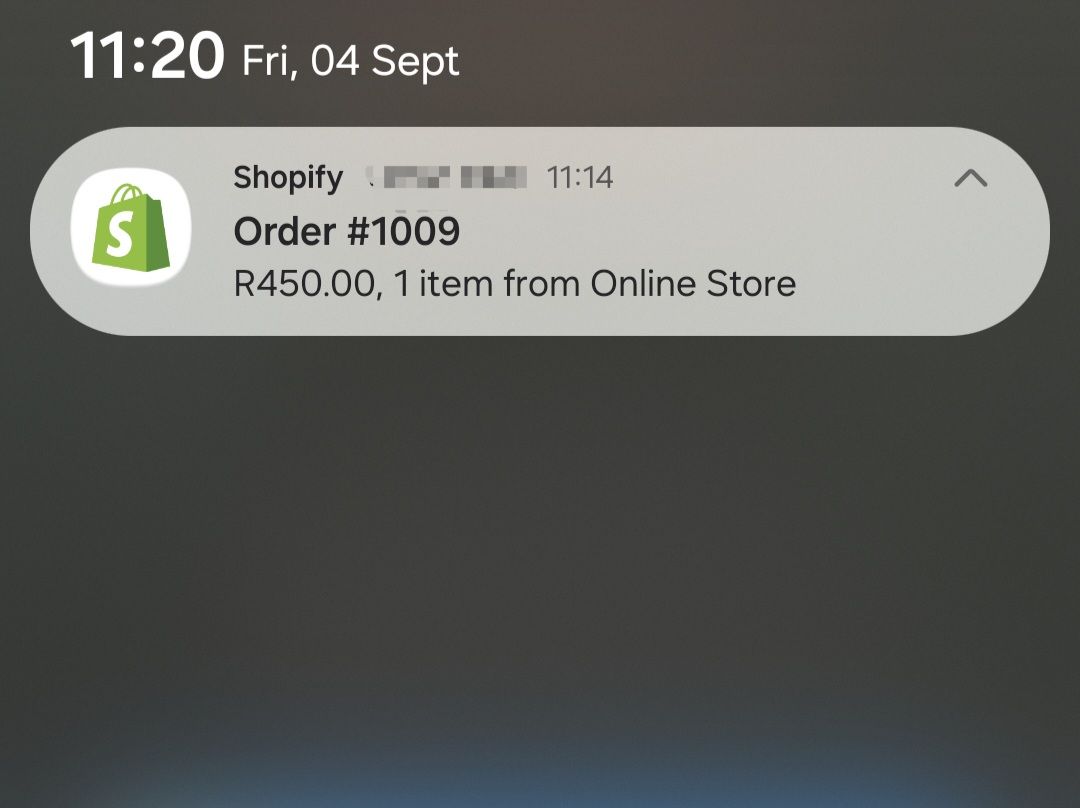 Mohamed’s 4 September Shopify order notification showing R450, with identifying details already obscured.